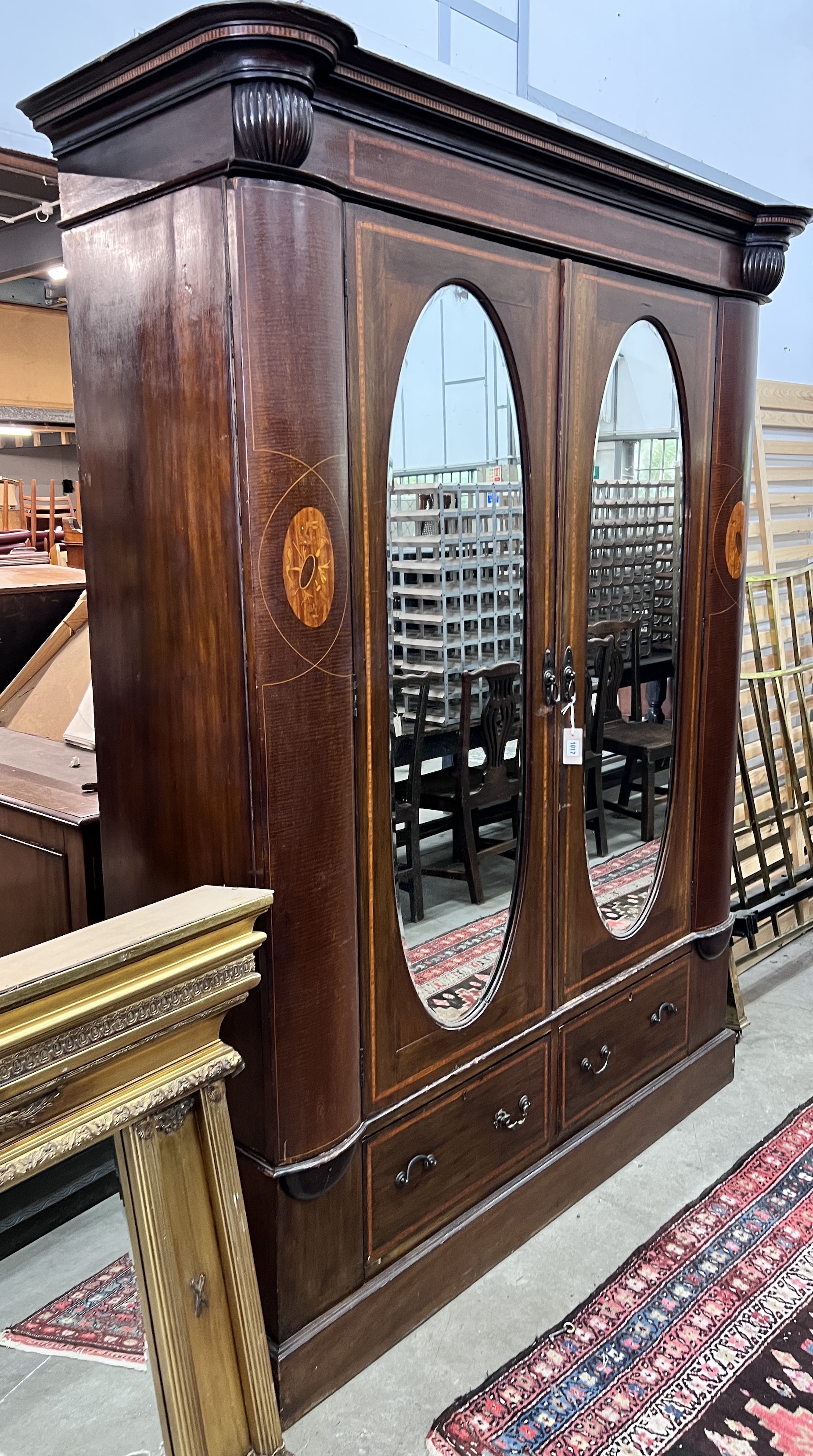 An Edwardian satinwood banded mahogany mirrored door wardrobe, width 162cm, depth 58cm, height 207cm